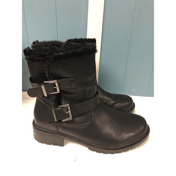 Torrid Black Faux Leather Fur Trim Lug Sole Moto Bootie (WW) 10.5 Wide Width - Picture 6 of 8